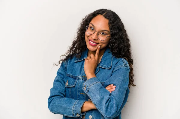 Young Hispanic Woman Isolated White Background Smiling Happy Confident Touching — Photo