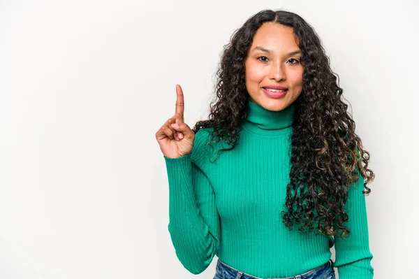 Young Hispanic Woman Isolated White Background Showing Number One Finger — Stock Fotó