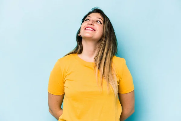 Young Caucasian Woman Isolated Blue Background Relaxed Happy Laughing Neck — Stock Photo, Image
