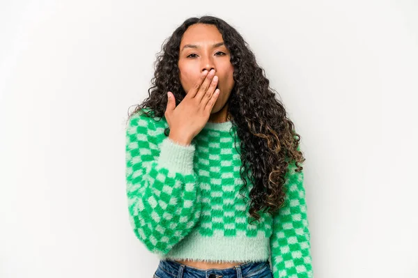 Young Hispanic Woman Isolated White Background Yawning Showing Tired Gesture — Fotografia de Stock