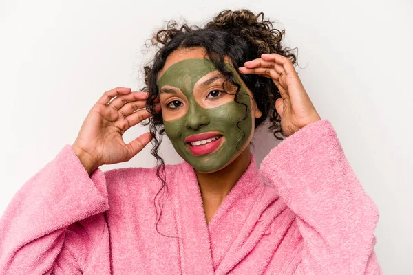 Young Hispanic Woman Wearing Facial Mask Isolated White Background — Stock Photo, Image