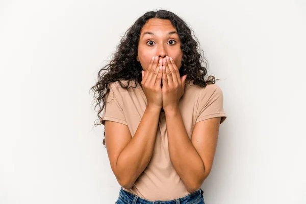 Young Hispanic Woman Isolated White Background Shocked Covering Mouth Hands — стоковое фото