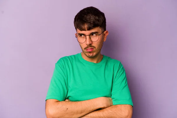 Young Caucasian Man Isolated Purple Background Tired Repetitive Task — Stock Photo, Image