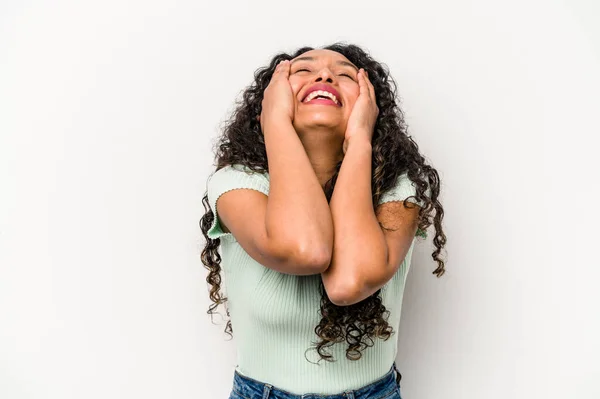 Young Hispanic Woman Isolated White Background Laughs Joyfully Keeping Hands — Photo