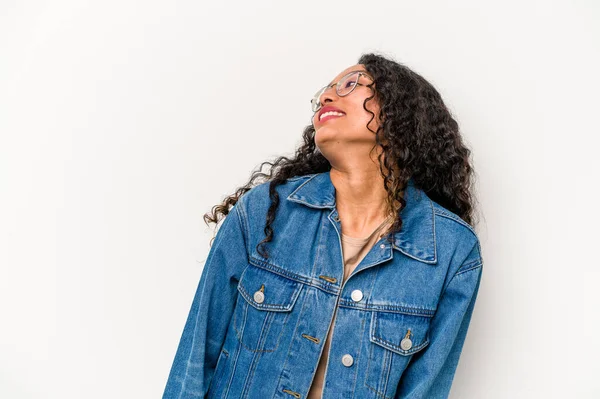 Young Hispanic Woman Isolated White Background Relaxed Happy Laughing Neck — ストック写真