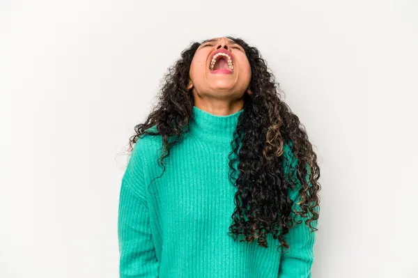 Mujer Hispana Joven Aislada Sobre Fondo Blanco Relajada Feliz Riendo —  Fotos de Stock