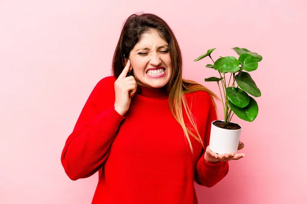 Ung Kaukasisk Kvinna Håller Växt Isolerad Rosa Bakgrund Täcker Öron — Stockfoto