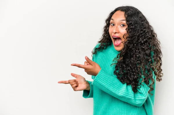 Young Hispanic Woman Isolated White Background Excited Pointing Forefingers Away — Φωτογραφία Αρχείου