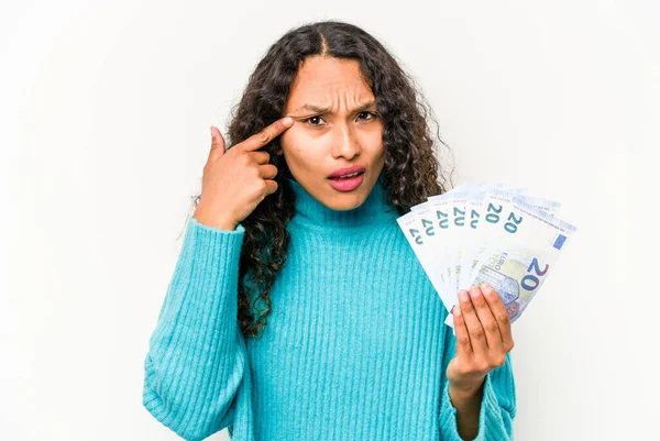 Young Hispanic Woman Holding Banknotes Isolated White Background Showing Disappointment — Stock Photo, Image