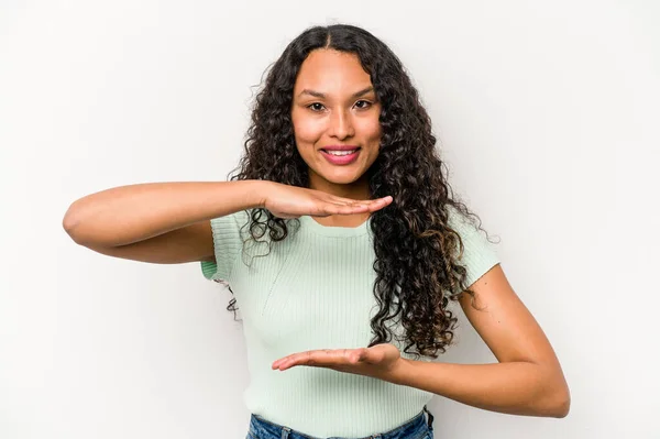 Young Hispanic Woman Isolated White Background Holding Something Both Hands — Stock Fotó