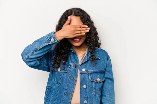 Young Hispanic Woman Isolated White Background Covers Eyes Hands Smiles — Foto Stock