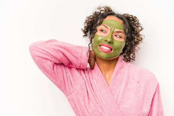 Young Hispanic Woman Wearing Facial Mask Isolated White Background Touching — Stock Photo, Image