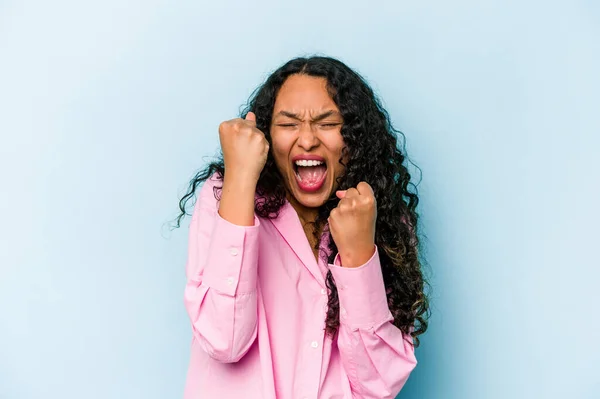 Young Hispanic Woman Isolated Blue Background Cheering Carefree Excited Victory — Stock Photo, Image
