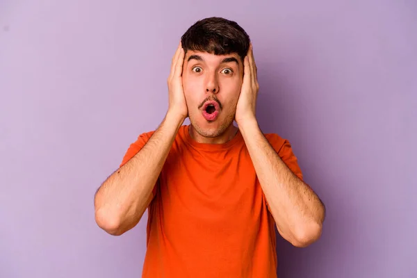 Young Caucasian Man Isolated Purple Background Being Shocked She Has — Stock Photo, Image