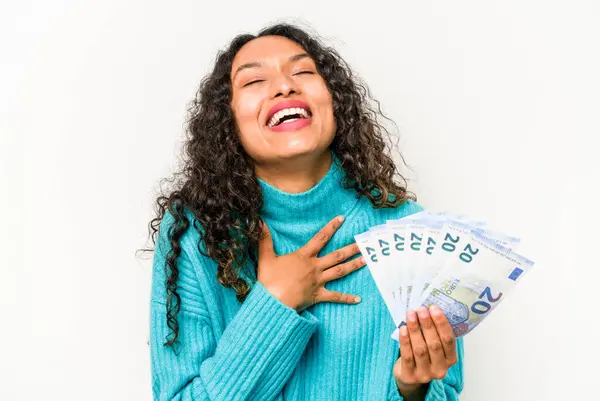 Young Hispanic Woman Holding Banknotes Isolated White Background Laughs Out — Stock Photo, Image