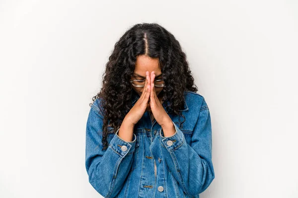 Young Hispanic Woman Isolated White Background Praying Showing Devotion Religious — Stock fotografie