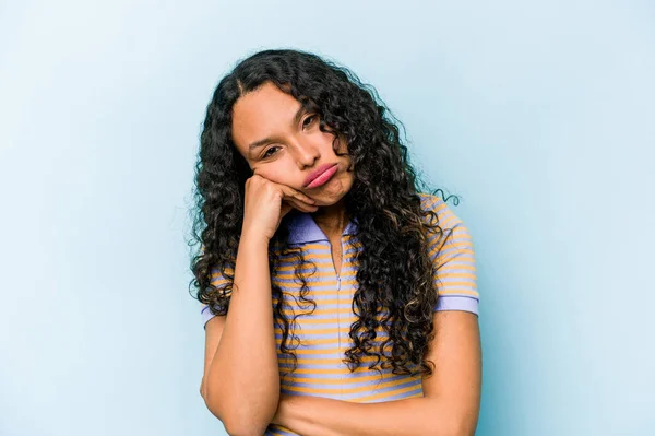 Young Hispanic Woman Isolated Blue Background Tired Repetitive Task — Stock Photo, Image