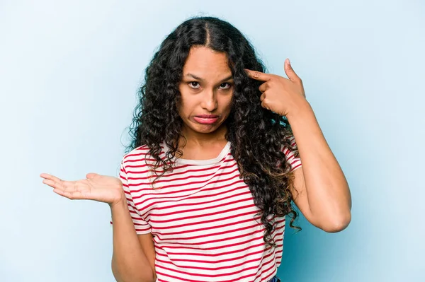 Young Hispanic Woman Isolated Blue Background Showing Disappointment Gesture Forefinger — Stock Photo, Image