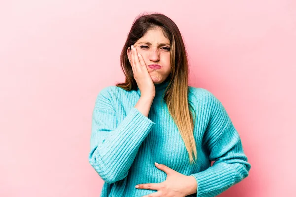 Young Caucasian Woman Isolated Pink Background Blows Cheeks Has Tired — Stock Photo, Image