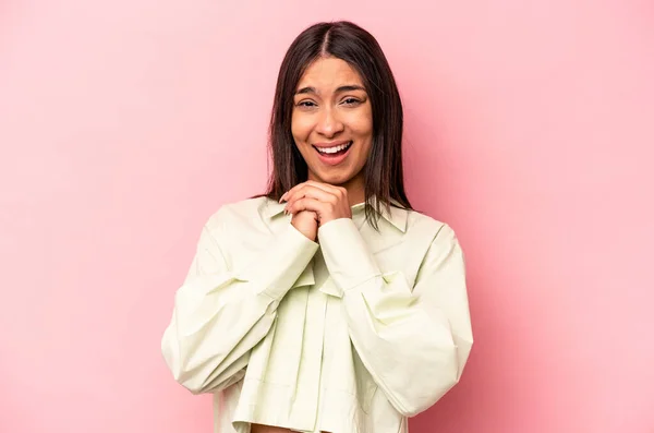 Young Hispanic Woman Isolated Pink Background Praying Luck Amazed Opening — Stock Photo, Image