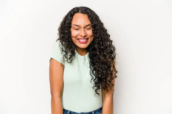 Young Hispanic Woman Isolated White Background Laughs Closes Eyes Feels —  Fotos de Stock