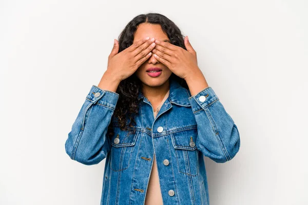 Young Hispanic Woman Isolated White Background Afraid Covering Eyes Hands — Stock Photo, Image