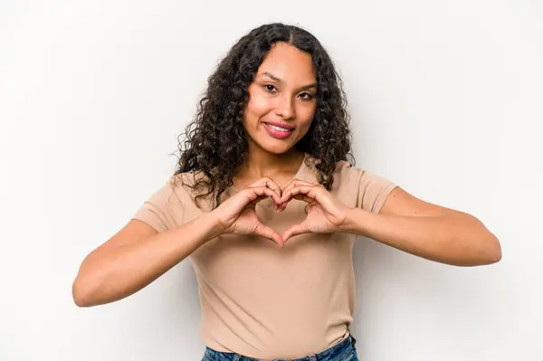 Young Hispanic Woman Isolated White Background Smiling Showing Heart Shape — стоковое фото