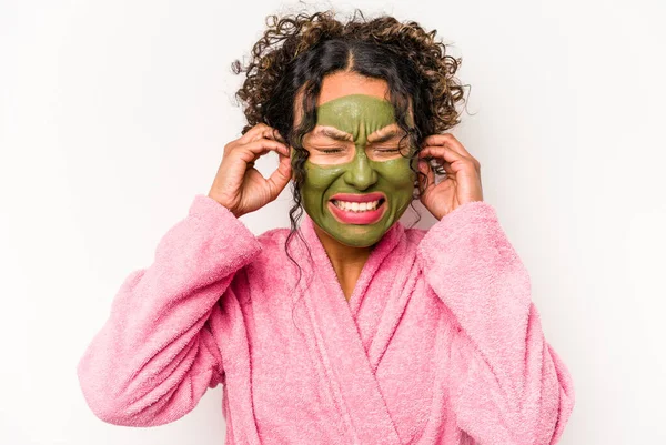 Young Hispanic Woman Wearing Facial Mask Isolated White Background Covering — Stock Photo, Image