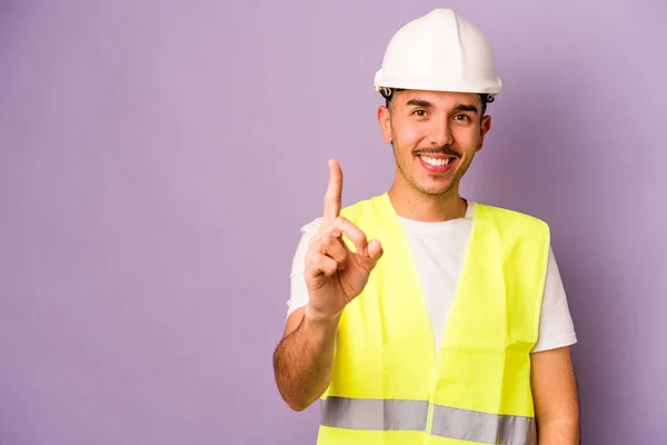Young Hispanic Worker Man Isolated Purple Background Showing Number One — Stock Photo, Image