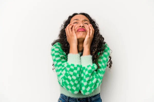 Young Hispanic Woman Isolated White Background Crying Unhappy Something Agony — Foto Stock