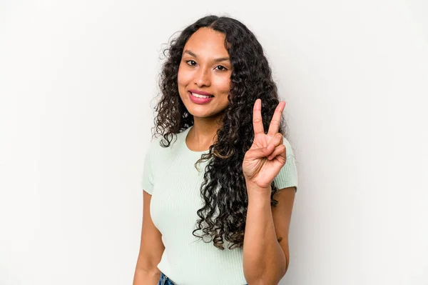 Young Hispanic Woman Isolated White Background Showing Victory Sign Smiling — ストック写真