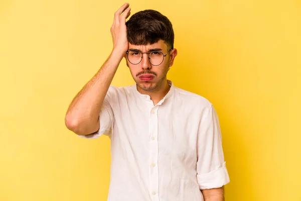 Young Caucasian Man Isolated Yellow Background Tired Very Sleepy Keeping — Stock Photo, Image