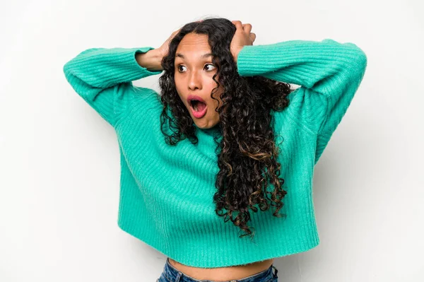 Young Hispanic Woman Isolated White Background Screaming Very Excited Passionate — Φωτογραφία Αρχείου