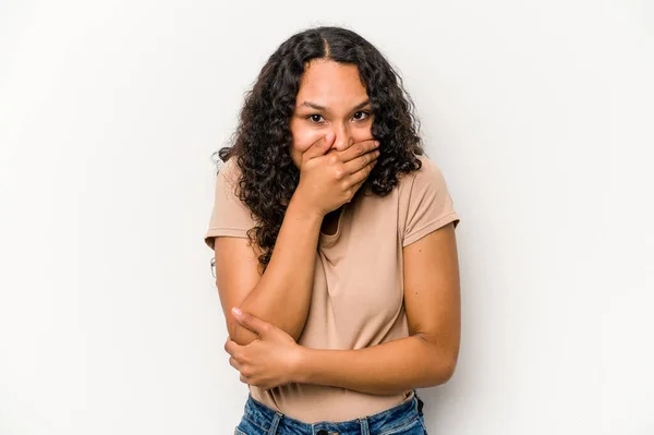 Young Hispanic Woman Isolated White Background Scared Afraid — Stock Photo, Image