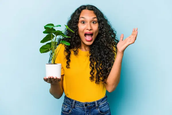 Young Hispanic Woman Holding Plant Isolated Blue Background Receiving Pleasant — Stock Photo, Image