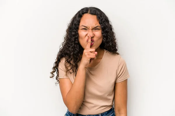 Young Hispanic Woman Isolated White Background Keeping Secret Asking Silence — Stock Photo, Image