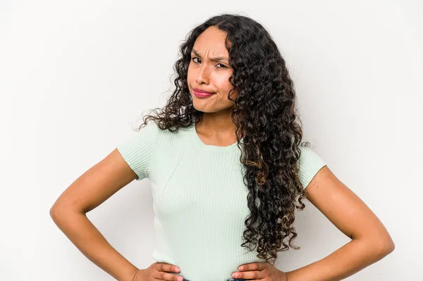 Young Hispanic Woman Isolated White Background Frowning Face Displeasure Keeps — Stock fotografie