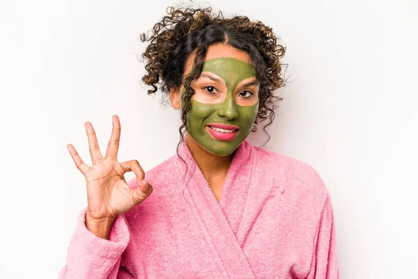 Young Hispanic Woman Wearing Facial Mask Isolated White Background Cheerful — Stock Photo, Image