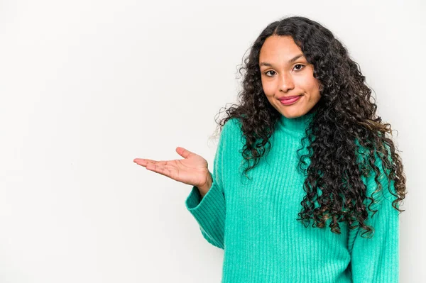 Young Hispanic Woman Isolated White Background Showing Copy Space Palm —  Fotos de Stock