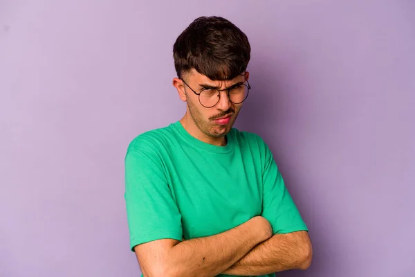 Young Caucasian Man Isolated Purple Background Frowning Face Displeasure Keeps — Stock Photo, Image