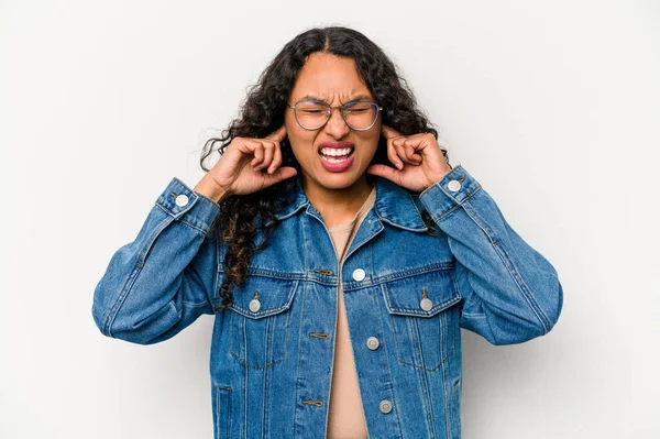 Young Hispanic Woman Isolated White Background Covering Ears Fingers Stressed — Stock fotografie