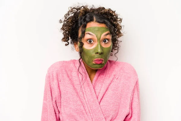 Young Hispanic Woman Wearing Facial Mask Isolated White Background Shrugs — Stock Photo, Image