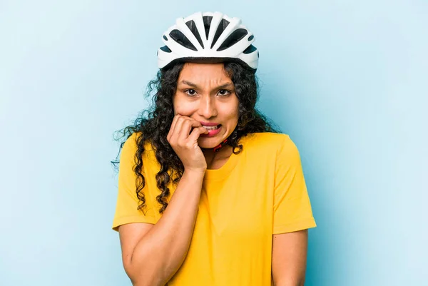 Young Hispanic Woman Wearing Helmet Bike Isolated Blue Background Biting — Stock Photo, Image