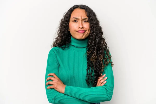 Young Hispanic Woman Isolated White Background Frowning Face Displeasure Keeps — Stock Photo, Image