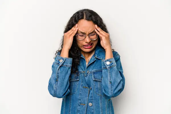 Young Hispanic Woman Isolated White Background Having Head Ache Touching — Stock Photo, Image