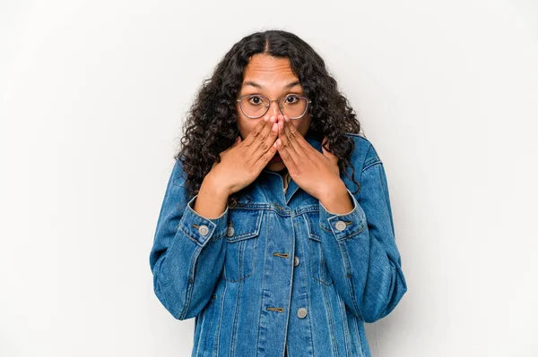 Young Hispanic Woman Isolated White Background Shocked Covering Mouth Hands — Φωτογραφία Αρχείου