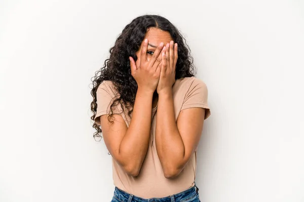 Young Hispanic Woman Isolated White Background Blink Camera Fingers Embarrassed — Stock Photo, Image