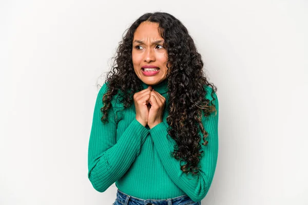 Young Hispanic Woman Isolated White Background Scared Afraid — Stock Photo, Image