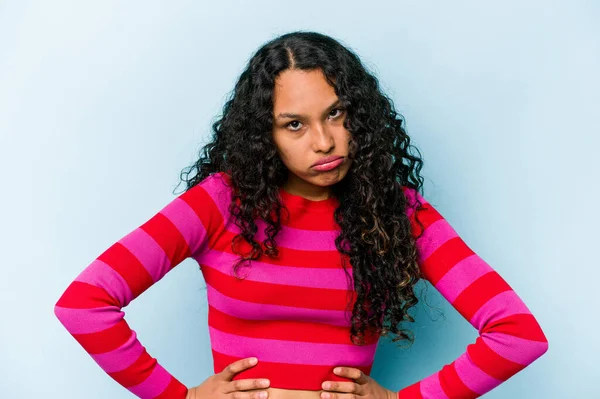 Young Hispanic Woman Isolated Blue Background Sad Serious Face Feeling — Stock Photo, Image