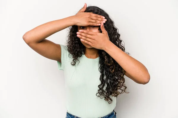 Young Hispanic Woman Isolated White Background Blink Camera Fingers Embarrassed — 스톡 사진